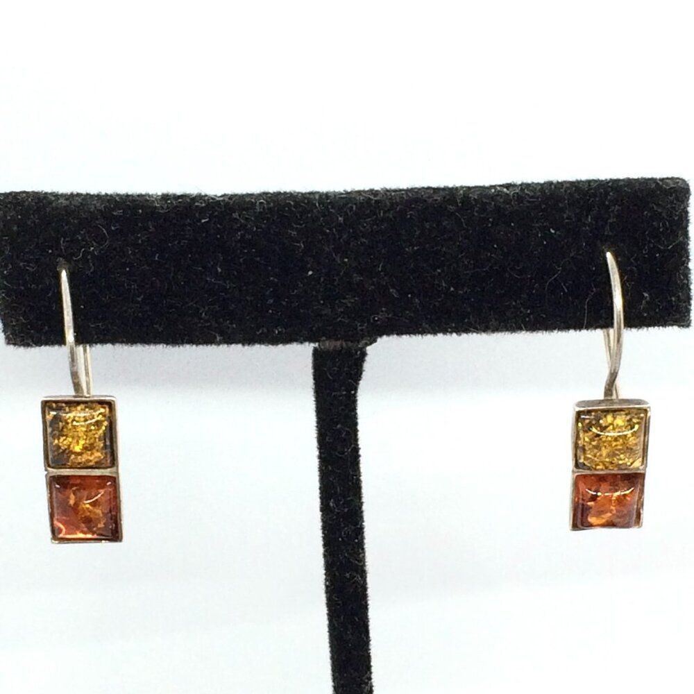 Sterling Silver Amber Earrings 925 Two Tone Baltic Amber Modernist Vintage